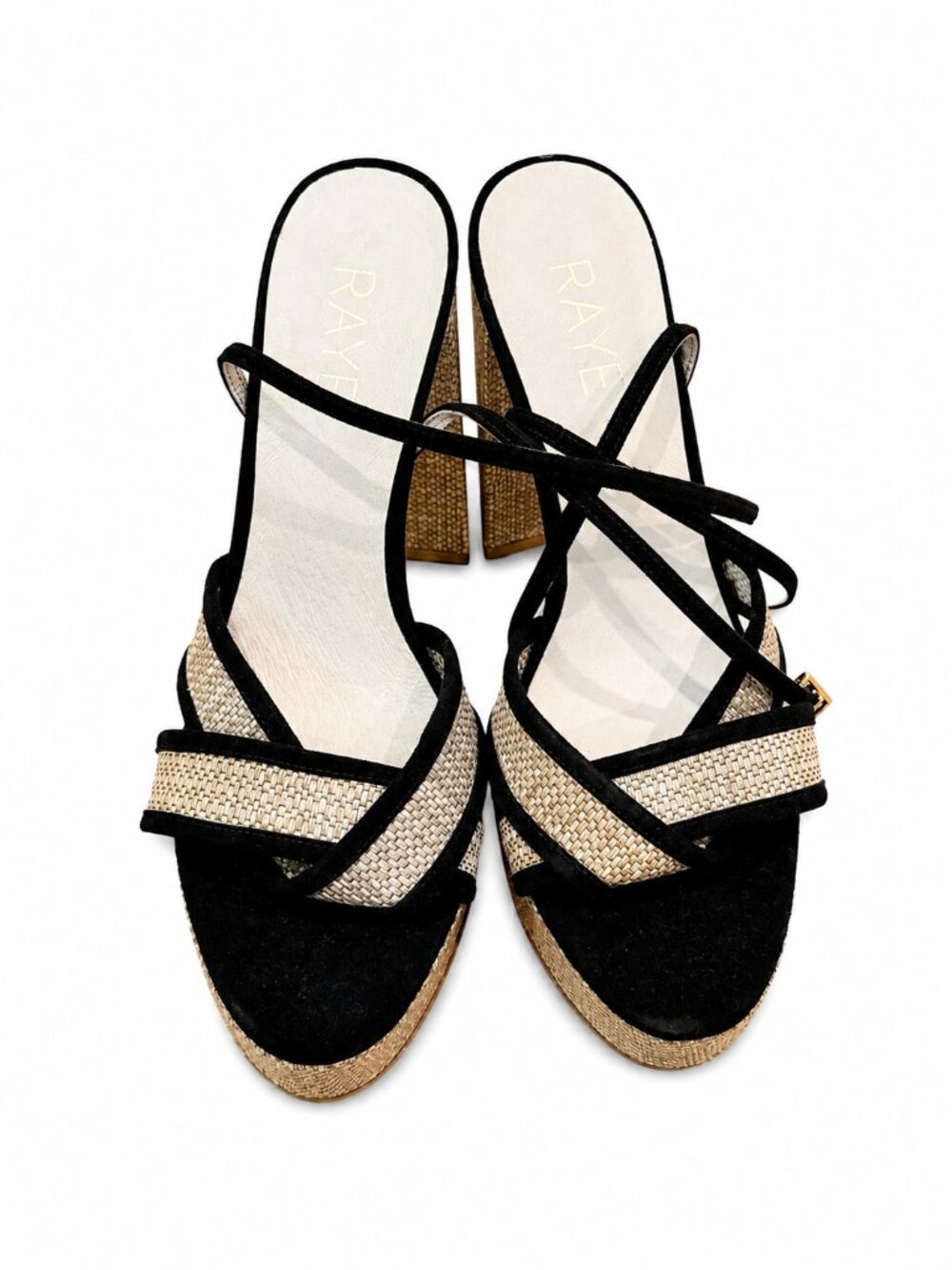 RAYE Black & Raffia Strappy Block Heel Sandals